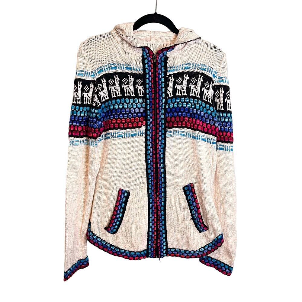Vintage Alpaca Cardigan Zip Sweater M Cream Fair Isle Hooded Gorpcore Warm Cozy